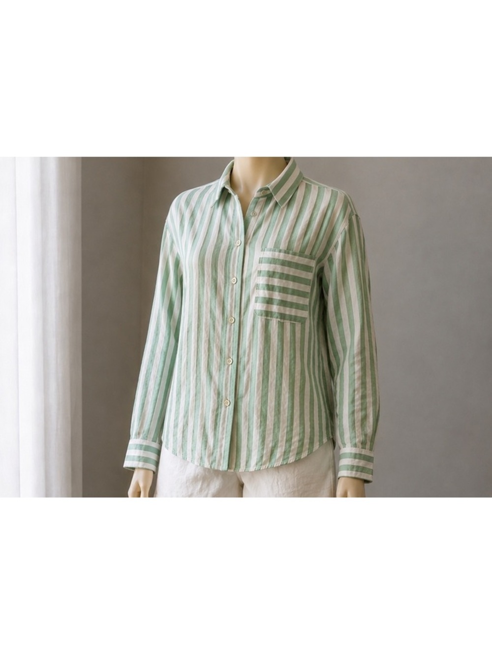 Nicole Miller New York Linen Shirt Women XL Green Stripe 100% Linen Abalone